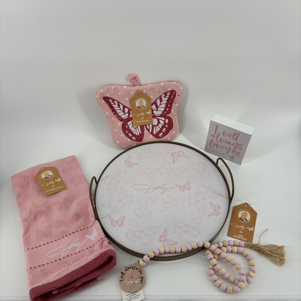 Dolly Parton Kitchen Country‎ Farm Decor Set Butterfly Tray Towel Sign NEW 5pc